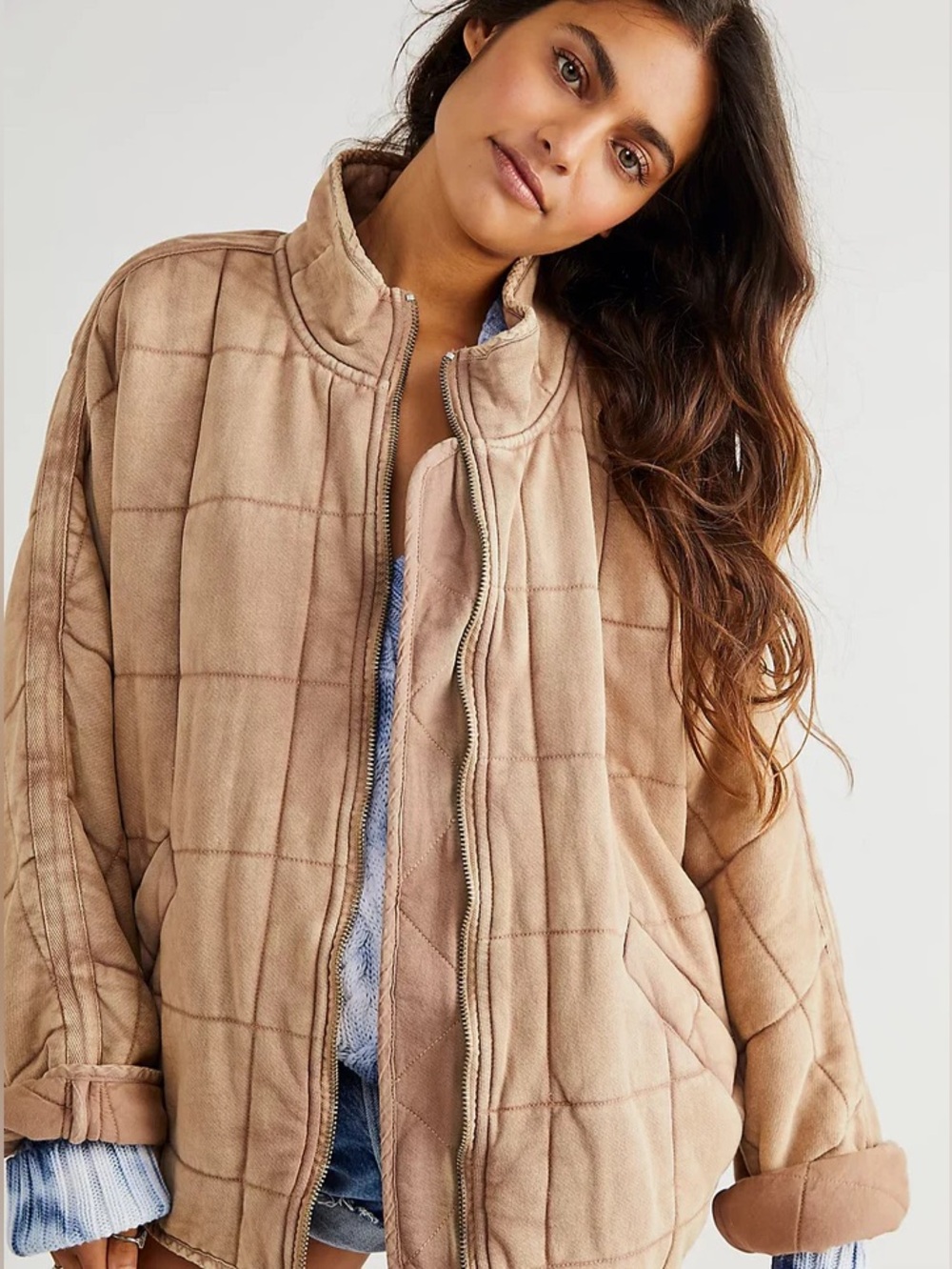 Free People Tan Brown Quilted Dolman Jacket Coat L
